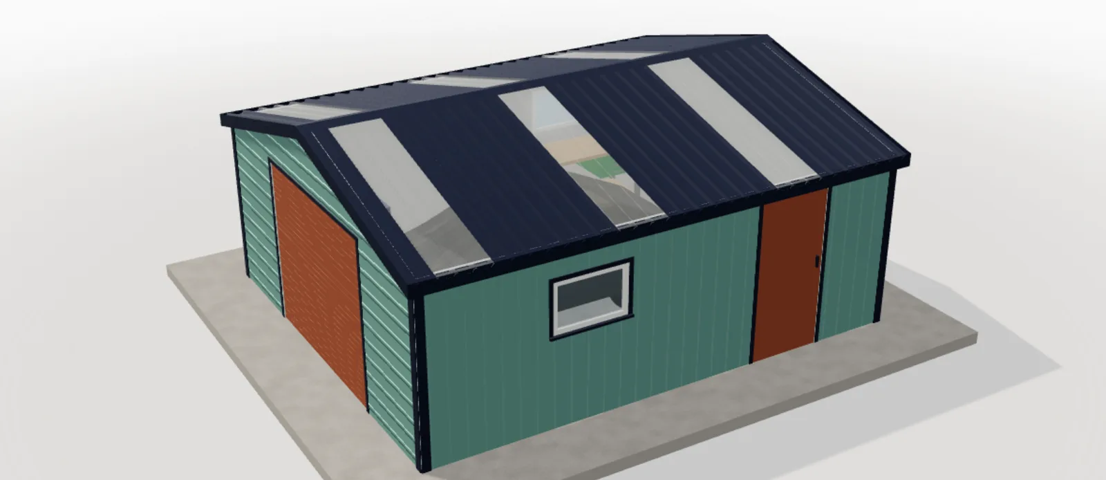 A steel shed configured in 3D, with doors, windows and a car inside
